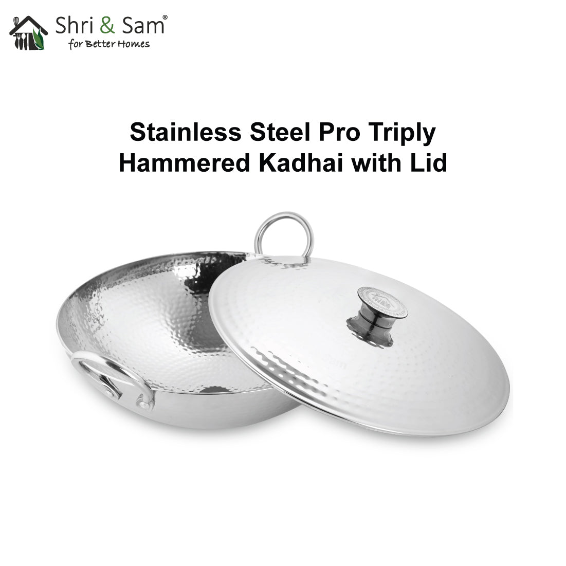 Engrave Stainless Steel Triply Deep Hammered Kadhai with SS Lid Pro