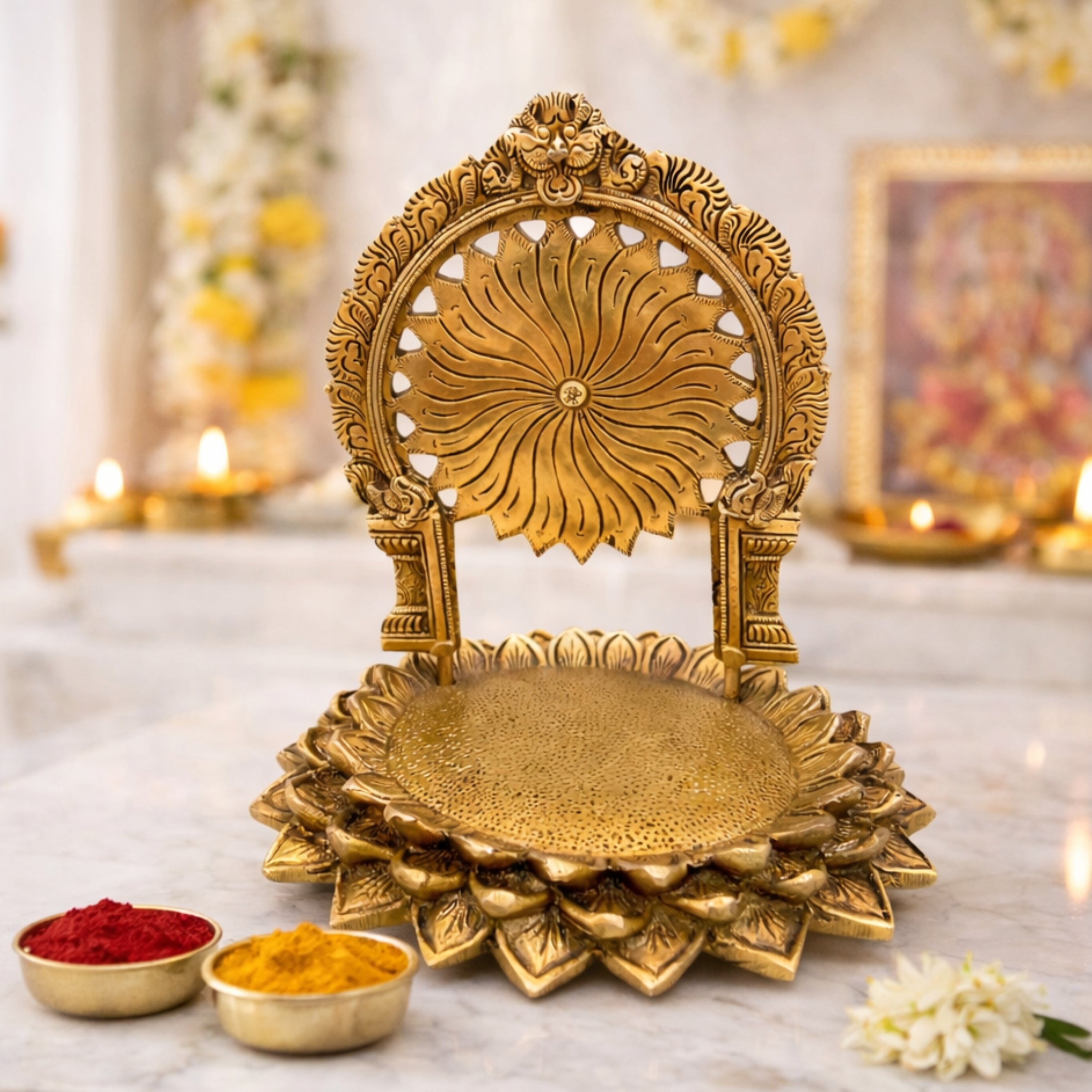 Handcrafted Brass Pooja Chowki Peetha Bajot Sinhasan, Puja Pat Peetam Aasan Mandap Platform for Home Mandir & Temple Decor,Gold, 9 Inch, 1 Piece
