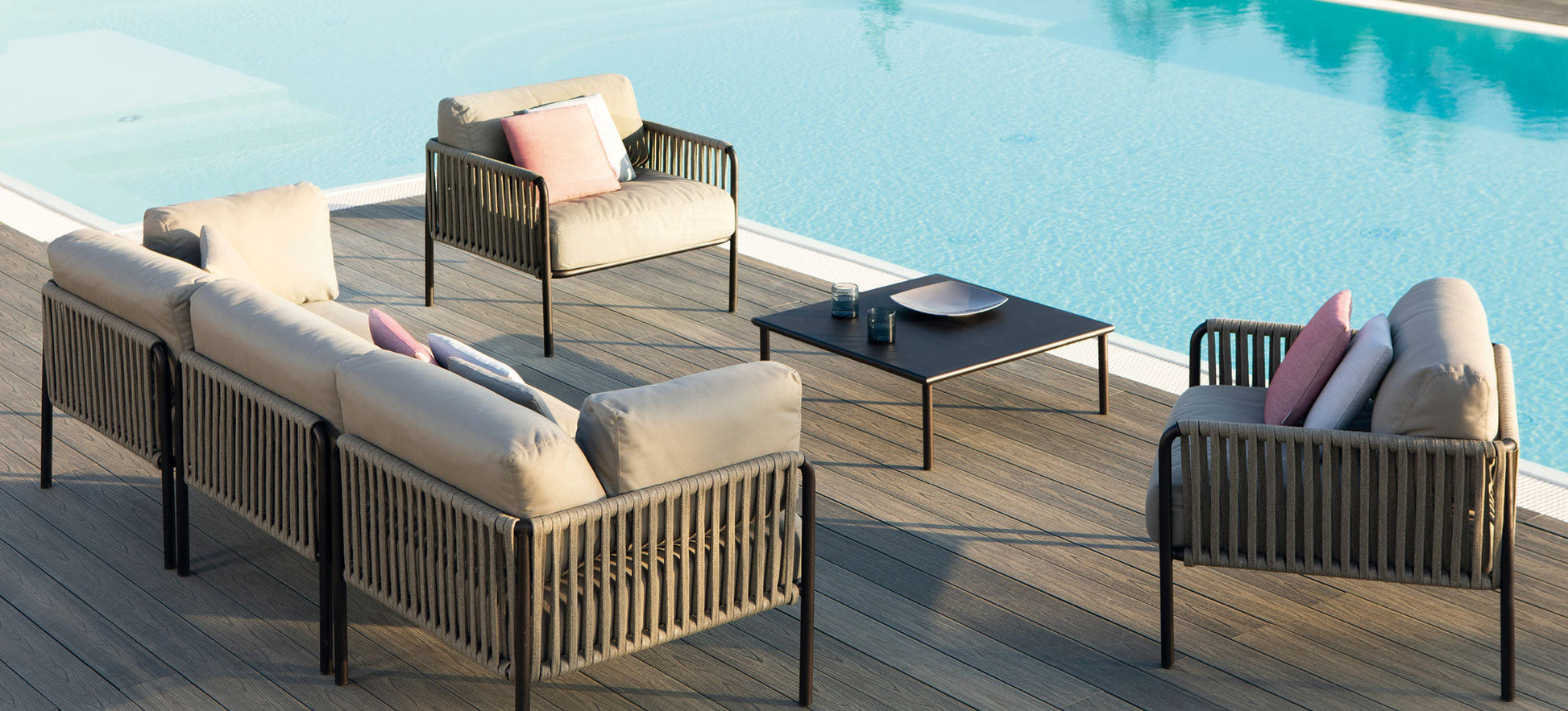 Rook Outdoor Garden Balcony Sofa Set 3 Seater , 2  Single Seater 1 Center Table Set, Braided Rope (Tan)