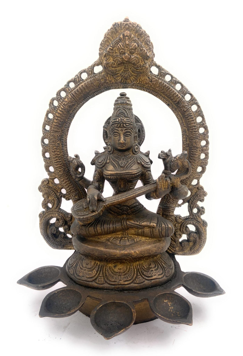 Bhunes Brass Goddess Saraswati Idol, Sarasvati Murti, Vidya Devi, Saraswathi Vigraha For Puja And Home Decor,Gold, 11 Inch, 1 Piece