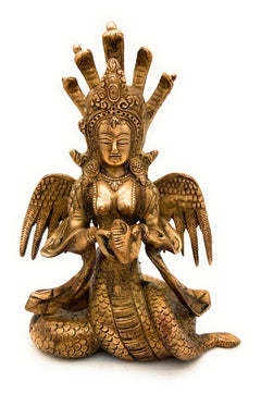 Brass Nagkanya Idol, Peetal Naga Kanya Nagini Manasa Devi Murti, Antique Nag Devi Sarpa Kanya Statue for Pooja, Home Decor & Gifts, Gold, 9 Inch, 1 Piece