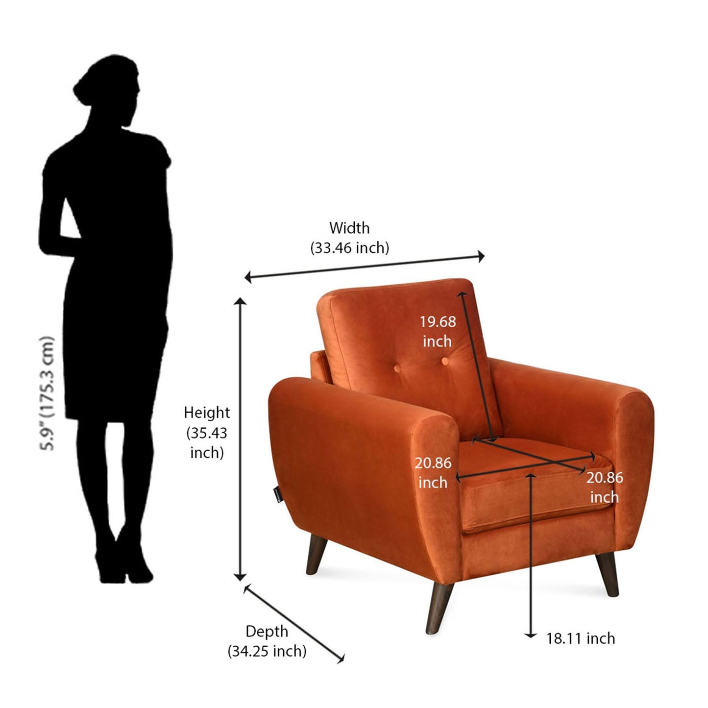 Nilkamal Rockingham Fabric 1 Seater Sofa (Rust Orange)