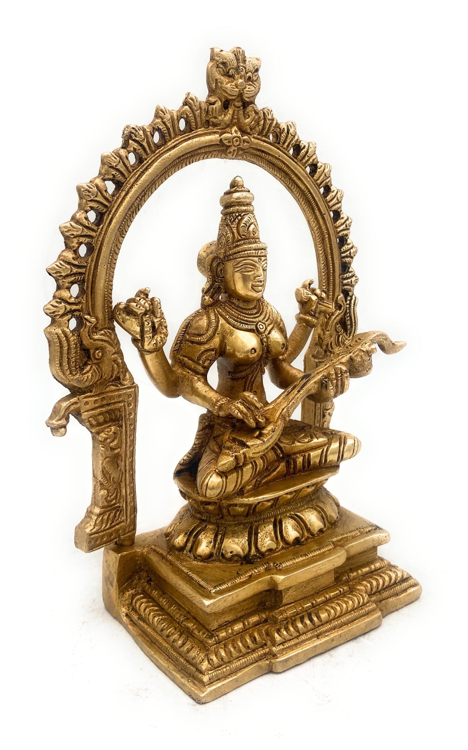 Brass Saraswati Idol, Handcrafted Sharada Vagdevi Bharati Statue, Veenapani Kalaimagal Vidyadayini Pital Murti for Pooja, Temple & Home Decor,Gold, 8 Inch, 1 Piece