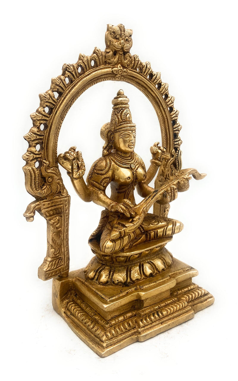 Brass Saraswati Idol, Handcrafted Sharada Vagdevi Bharati Statue, Veenapani Kalaimagal Vidyadayini Pital Murti for Pooja, Temple & Home Decor,Gold, 8 Inch, 1 Piece