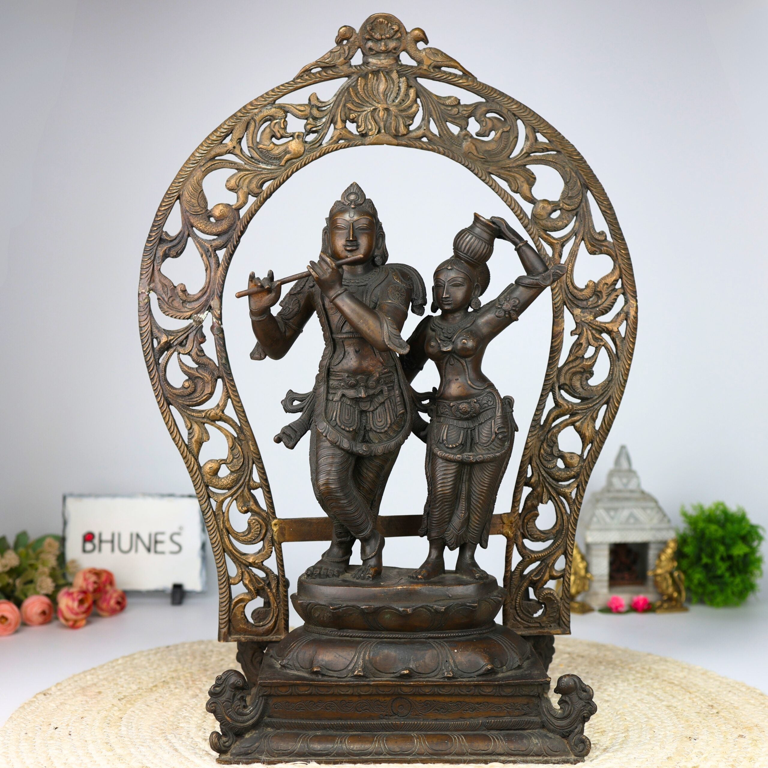Panchaloha Radha Krishna Idol, Handmade Bronze Radhakrishna Murti for Pooja, Home Decor, Temple, Wedding Gifts, Spiritual Sculpture, Brown, 21.5 Inch, 1 Piece