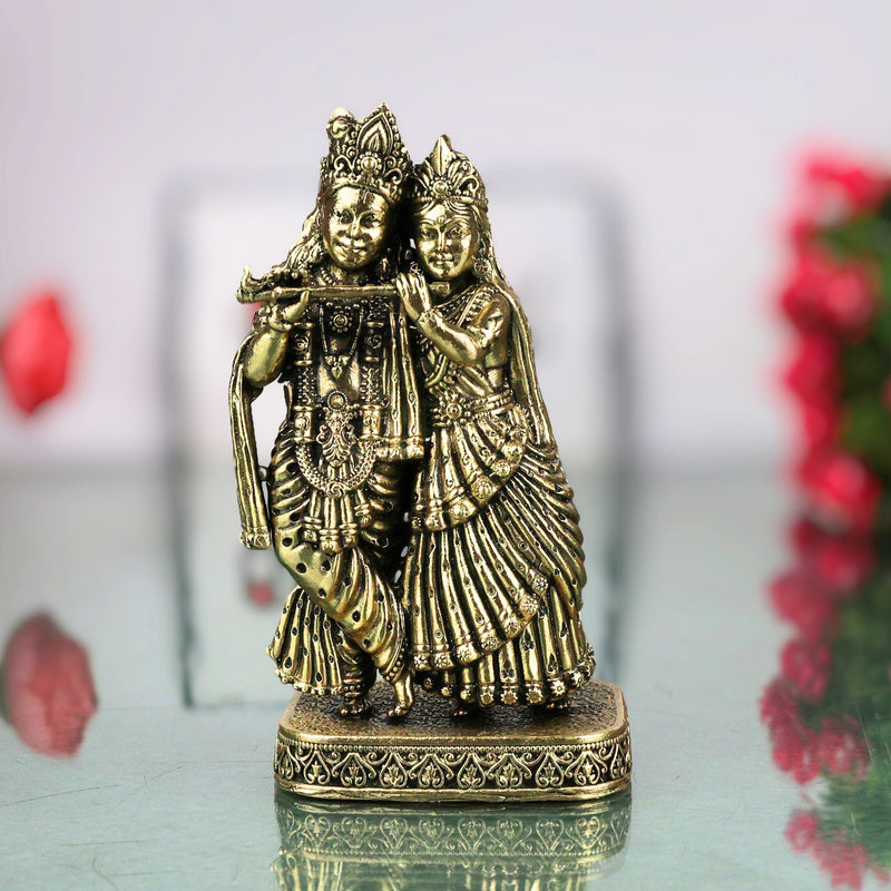 Brass Radha Krishna Idol Peetal Radhe Shyam Murti Radha Madhav Govind Gopal Shyamsundar Vigraha for Home Pooja Decor Gift, Gold, 4.5 Inch, 1 Piece