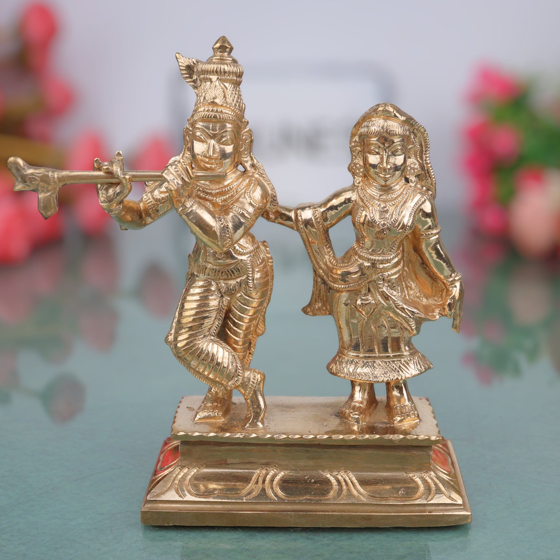 Bronze Radha Krishna Idol Radhe Krishna Radha Govinda Radha Gopal Radha Shyamsundar Radha Madhav Radha Raman Radha Vallabh Murti Statue for Puja Mandir Home Decor Devotional Sculpture, Gold, 6 Inch, 1 Piece