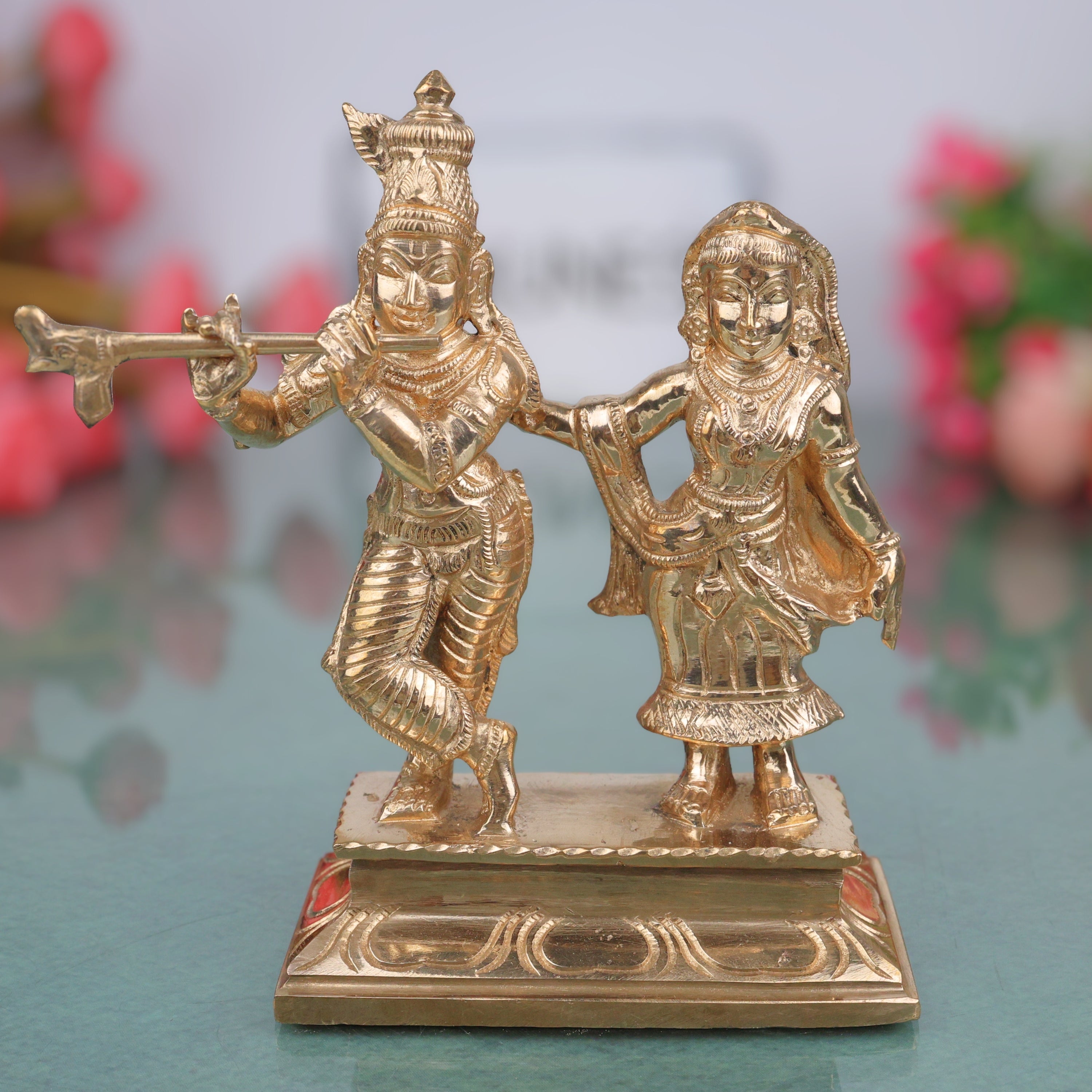 Bronze Radha Krishna Idol Radhe Krishna Radha Govinda Radha Gopal Radha Shyamsundar Radha Madhav Radha Raman Radha Vallabh Murti Statue for Puja Mandir Home Decor Devotional Sculpture, Gold, 6 Inch, 1 Piece