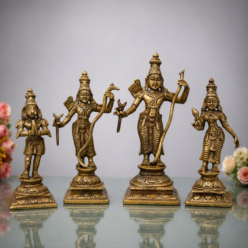 Bronze Sri Rama Darbar Idol, Ram Parivar Sita Ram Lakshman Hanuman Murti, Brown, 6 Inch, 1 Piece