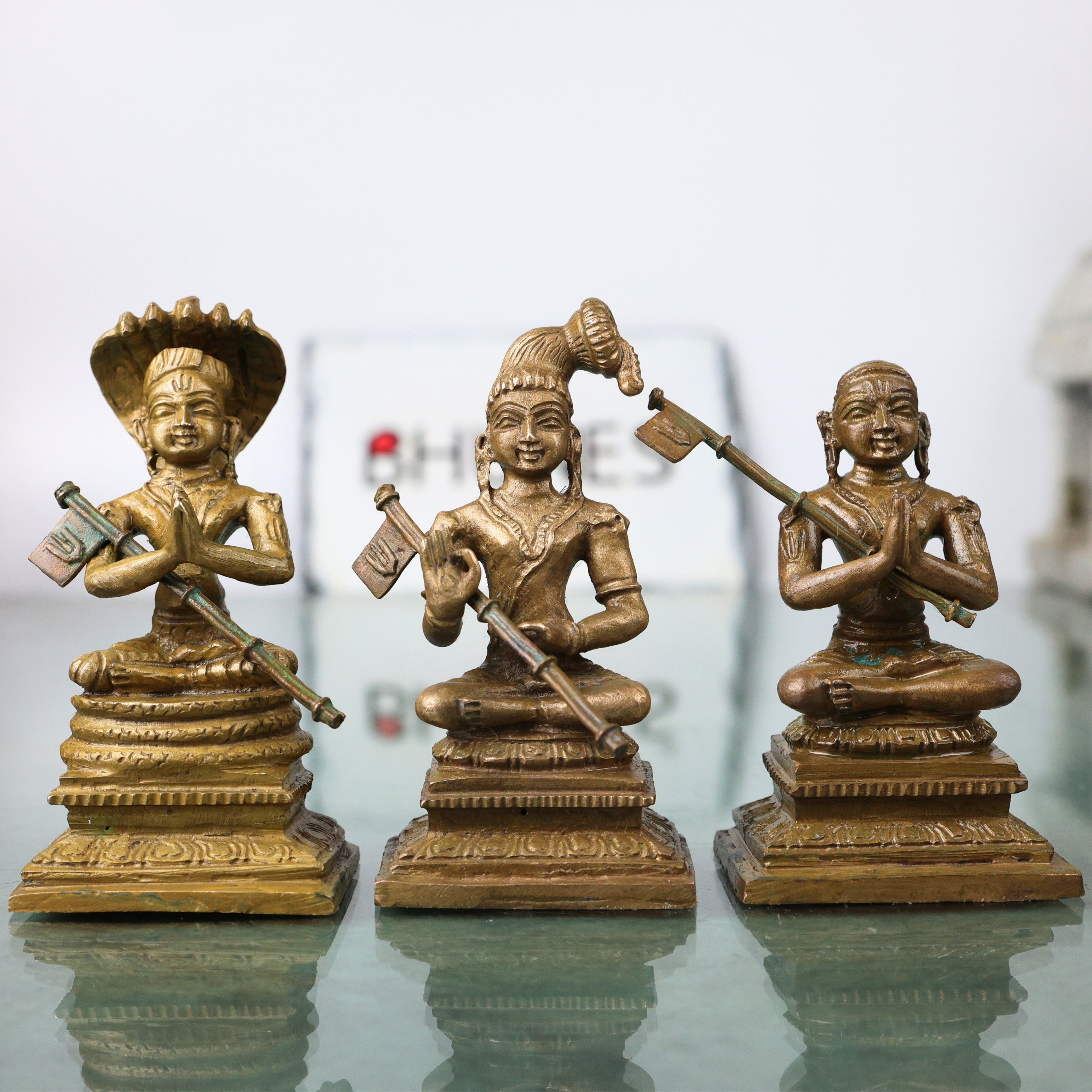 Bronze Ramanuja Nammalvar Manavala Mamunigal Idol Set Vaishnava Acharya Panchaloha Style Murti for Pooja Mandir Decor, Brown, 3 Inch, 3 Piece