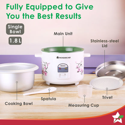 Regalia Electric Rice Cooker | 1.8 L, 700W | Non-stick Bowl Serves 4-6 | Keep Warm Function | Uniform Cooking | Steam Veggies, Make Pulao, Khichdi, Momos | 2-Year Warranty
