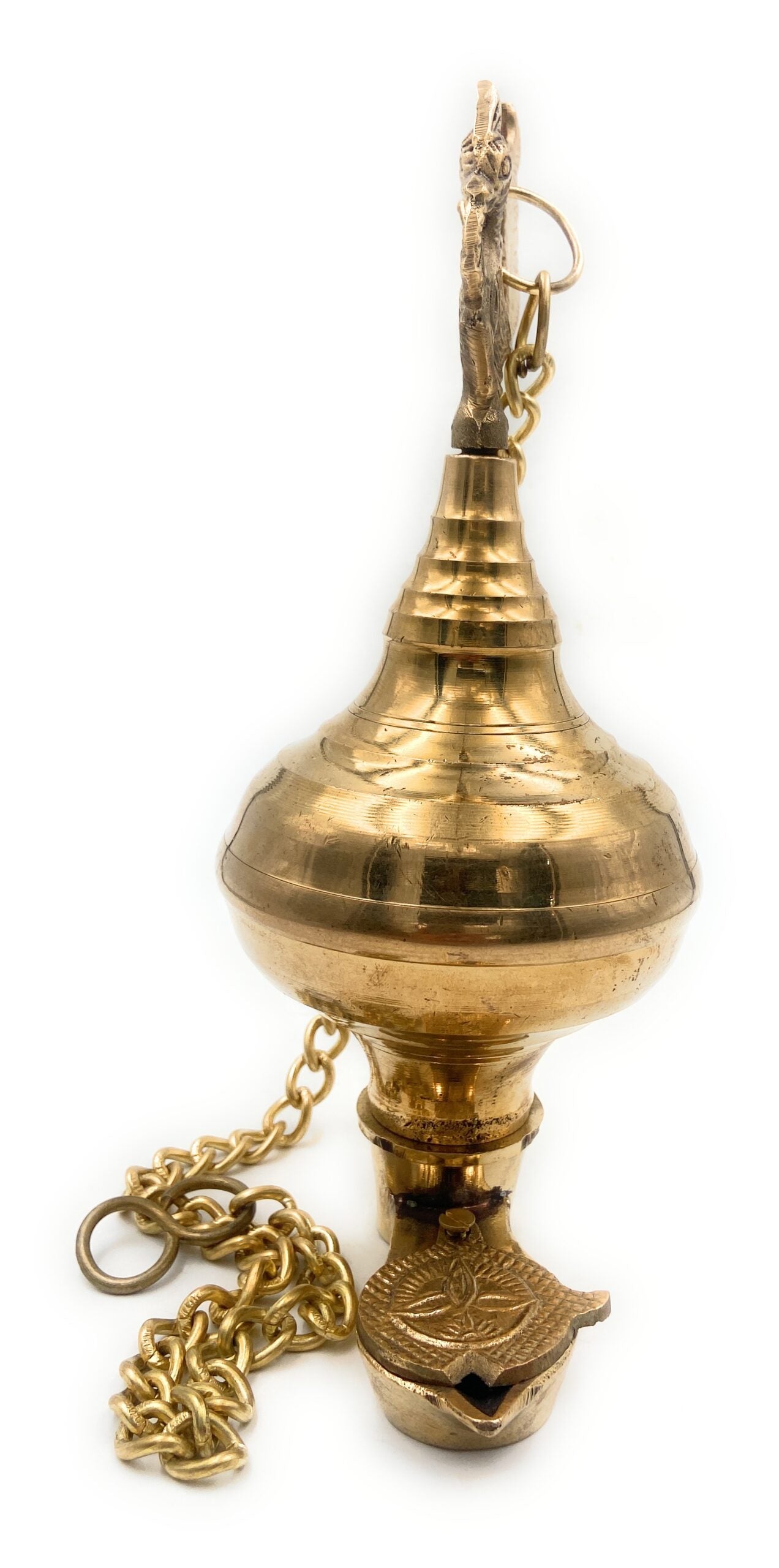 Handcrafted Brass Hanging Pooja Lamp Diya, Traditional Peetal Pittal Pitala Ceiling Lantern for Lakshmi, Saraswati, Durga & Deepam Lighting,Gold, 9.5 Inch, 1 Piece