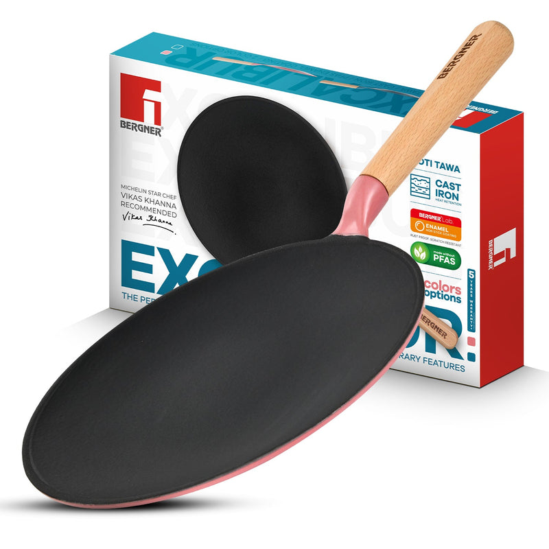 Bergner Excalibur Light Cast Iron Roti Tawa 26cm - Induction Bottom, Pink