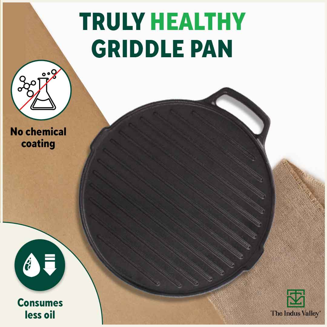 CASTrong Cast Iron 2-in-1 Griddle (Grill Pan + Tawa), Pre-seasoned, 100% Pure, Toxin-free, Induction, Round, 26cm, 2.1 Kg