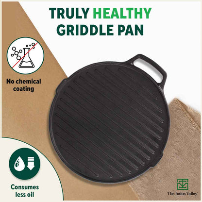 CASTrong Cast Iron 2-in-1 Griddle (Grill Pan + Tawa), Pre-seasoned, 100% Pure, Toxin-free, Induction, Round, 26cm, 2.1 Kg
