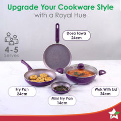 Royal Velvet Non-stick 5-piece Cookware Set (Fry Pan with Lid, Wok, Dosa Tawa, Mini Fry Pan) | Induction Ready (Dosa Tawa only)| Soft-touch handles |Non – Toxic I Virgin Aluminium | 3 mm thick | 2 years warranty | Purple