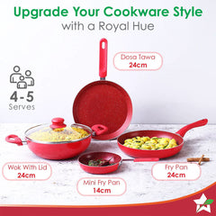Royal Velvet Non-stick Cookware Set, 5Pc (Fry Pan with Lid, Wok, Dosa Tawa, Mini Fry Pan) Induction bottom, Soft-touch handles, Virgin Grade Aluminium, PFOA/Heavy Metals Free, 3 mm, 2 Years Warranty, Red