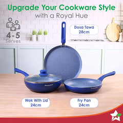 Royal Velvet Non-stick Cookware Set, 4Pc (Fry Pan with Lid, Wok, Dosa Tawa) Induction Bottom, Soft-touch Handles, Virgin Grade Aluminium, PFOA/Heavy Metals Free, 3mm, 2 Years Warranty, Blue