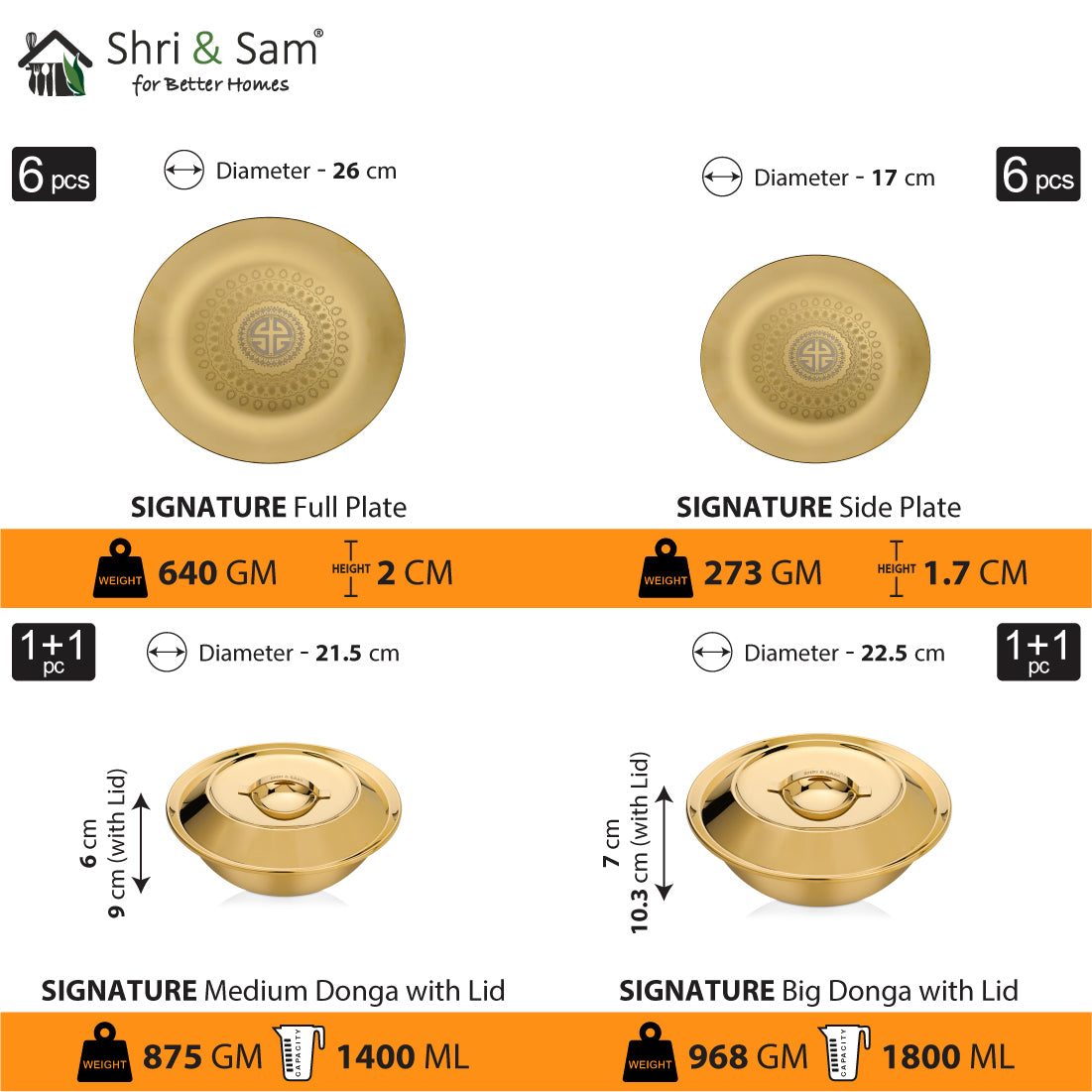 Stainless Steel 64 PCS Dinner Set (6 People) with Gold PVD Coating and Laser Signature - Shiny