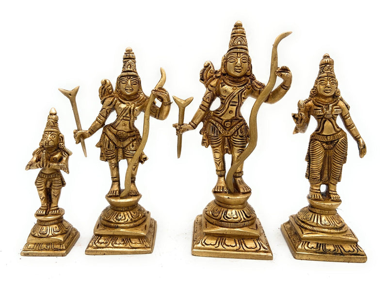 Brass Ram Darbar Idol, Peetal Shri Ram Parivar Murti with Sita Lakshman Hanuman, Pital Ram Sita Hanuman Statue, Gold, 5.5 Inch, 1 Piece