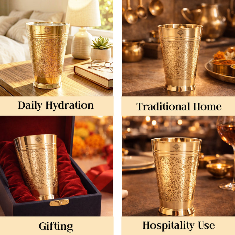 Pure Brass Embossed Design Glass 300 ML