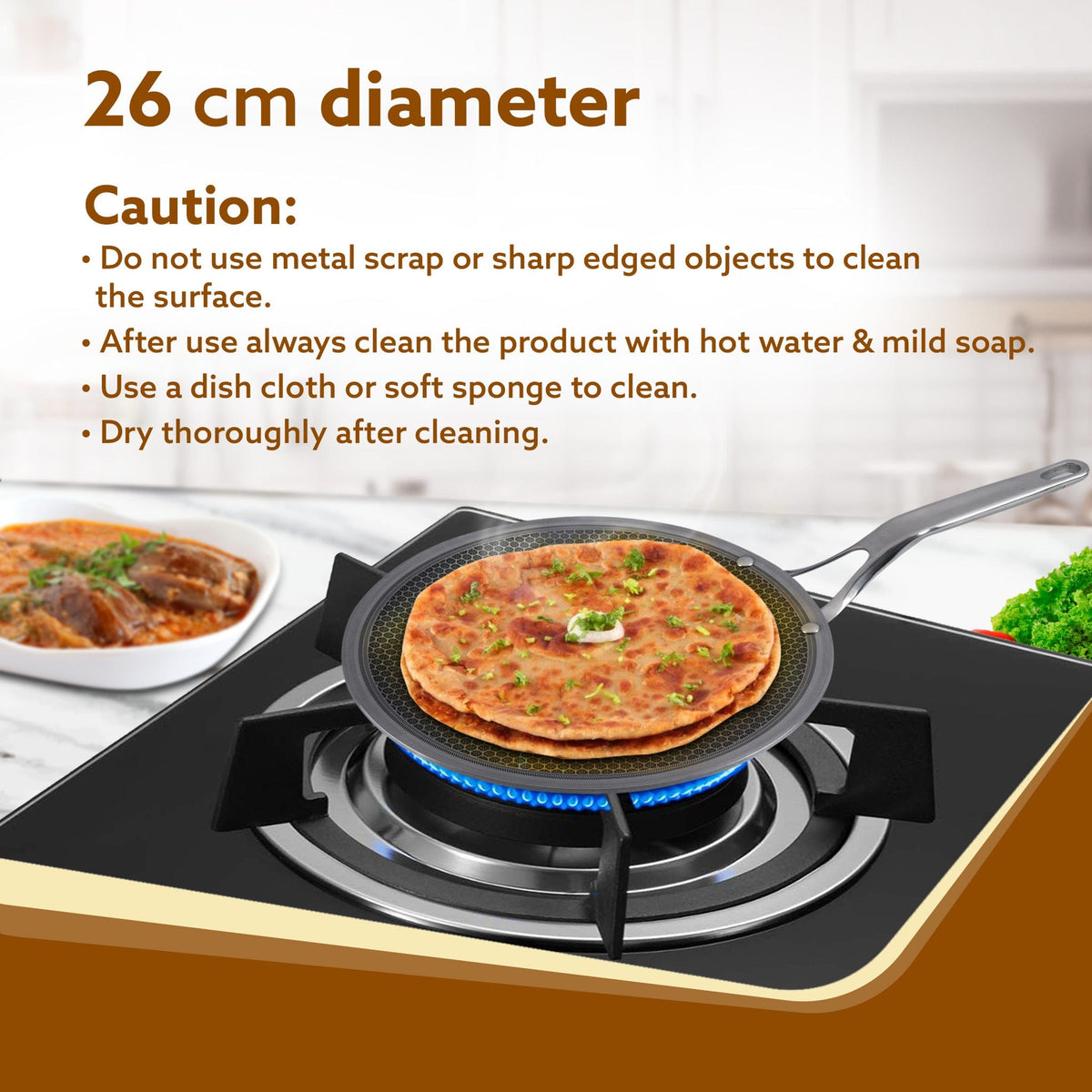 AGARO Royal Honey Comb Tawa, 26 cm Diameter, Tri-Ply Steel with Honey Comb Pattern Design, Gas & Induction Oven Compatible, Riveted Handle, Food Safe & PFOA Free, Cooking, Cookware, Silver.