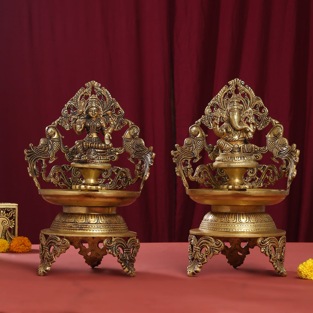 Brass Ganesha And Lakshmi Urli/Diya Set (13.5 Inch)