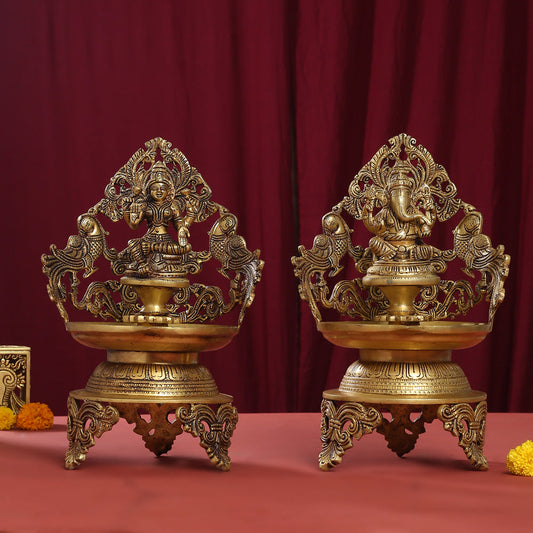 Brass Ganesha And Lakshmi Urli/Diya Set (13.5 Inch)