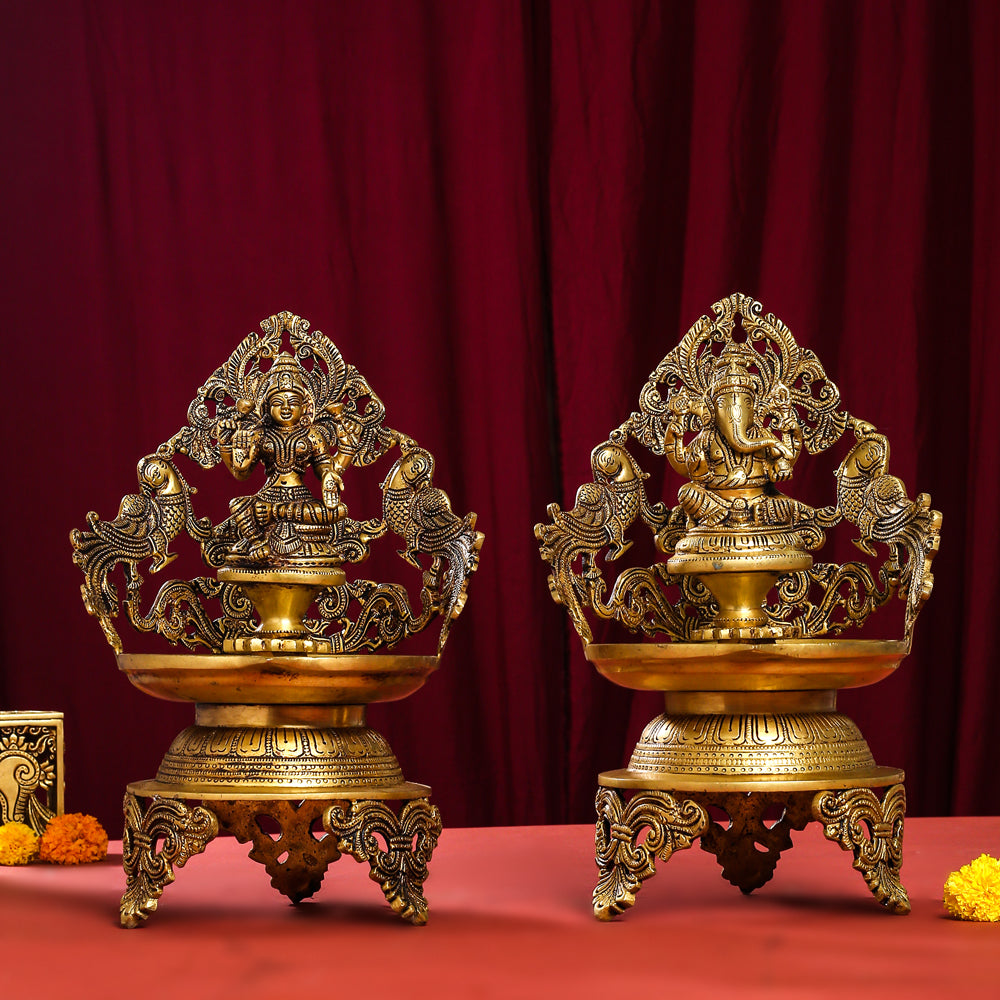 Brass Ganesha And Lakshmi Urli/Diya Set (13.5 Inch)