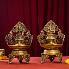 Brass Ganesha And Lakshmi Urli/Diya Set (13.5 Inch)