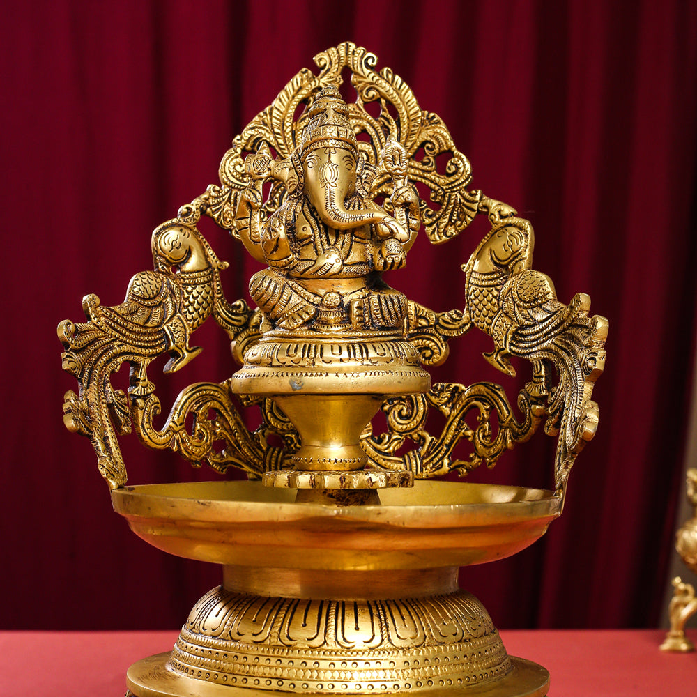 Brass Ganesha And Lakshmi Urli/Diya Set (13.5 Inch)