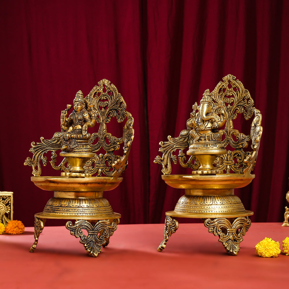 Brass Ganesha And Lakshmi Urli/Diya Set (13.5 Inch)