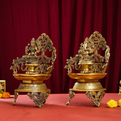 Brass Ganesha And Lakshmi Urli/Diya Set (13.5 Inch)