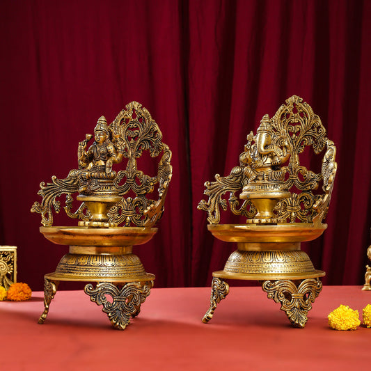Brass Ganesha And Lakshmi Urli/Diya Set (13.5 Inch)