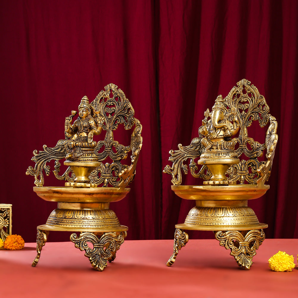 Brass Ganesha And Lakshmi Urli/Diya Set (13.5 Inch)