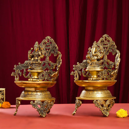 Brass Ganesha And Lakshmi Urli/Diya Set (13.5 Inch)