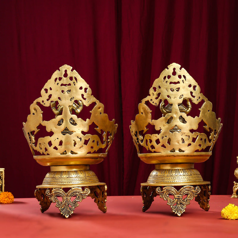 Brass Ganesha And Lakshmi Urli/Diya Set (13.5 Inch)