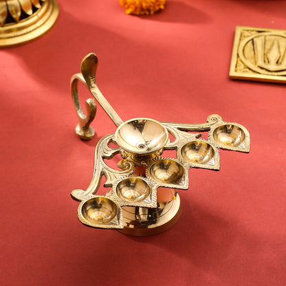 Brass Elegant Panch Aarti With Handle (6.5 Inch)