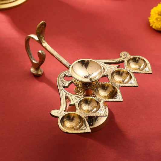 Brass Elegant Panch Aarti With Handle (6.5 Inch)