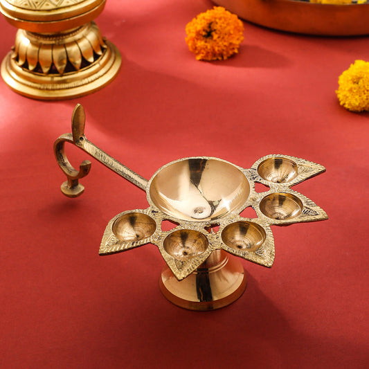 Brass Divine Panch Aarti With Handle (9 Inch)