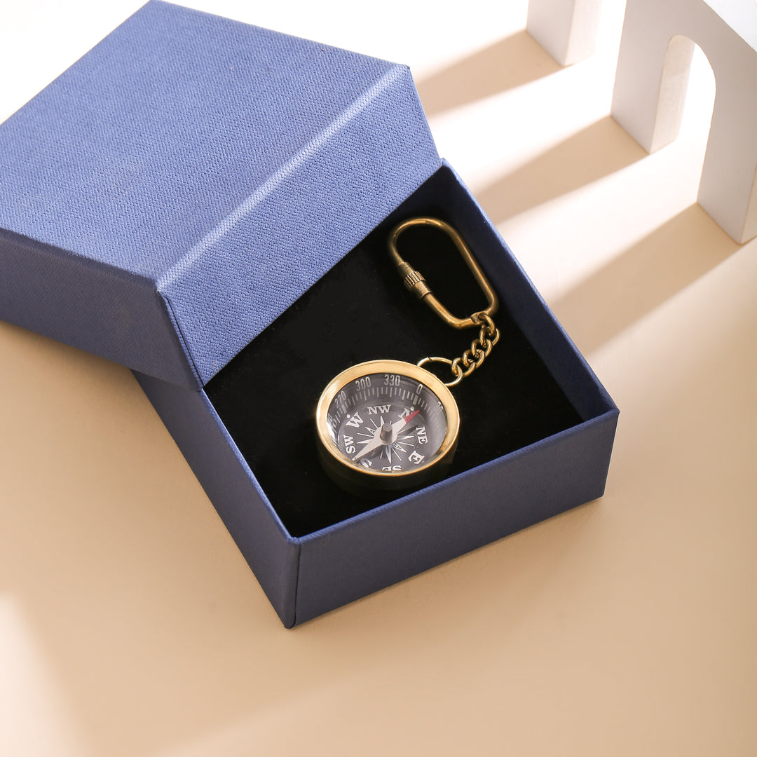 Brass Compass Keychain With Box