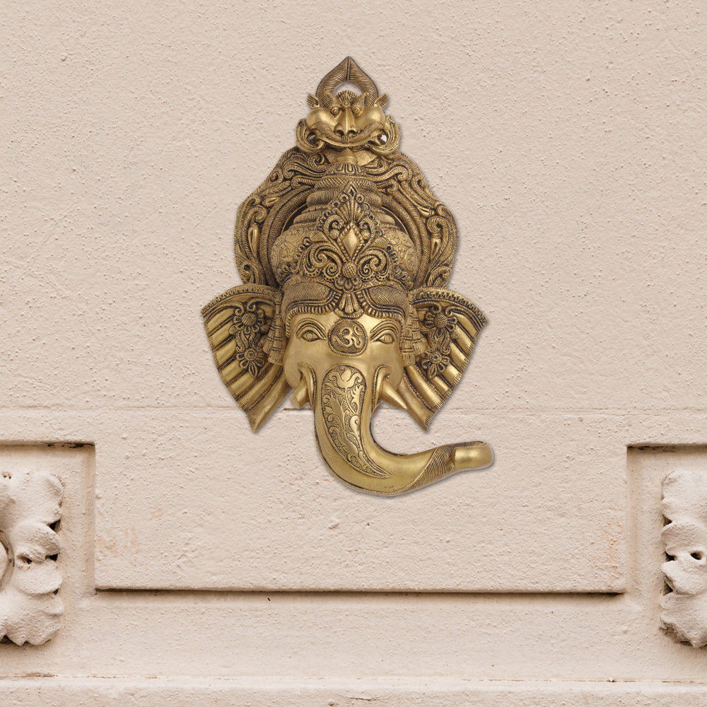 BRASS GANESHA FACE WITH BELL WALL HANGING (18 Inch)