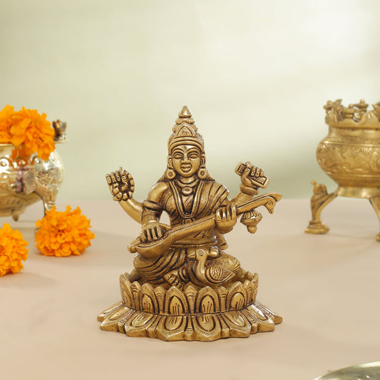 Brass Superfine Lotus Goddess Saraswati Idol (5.5 Inch)