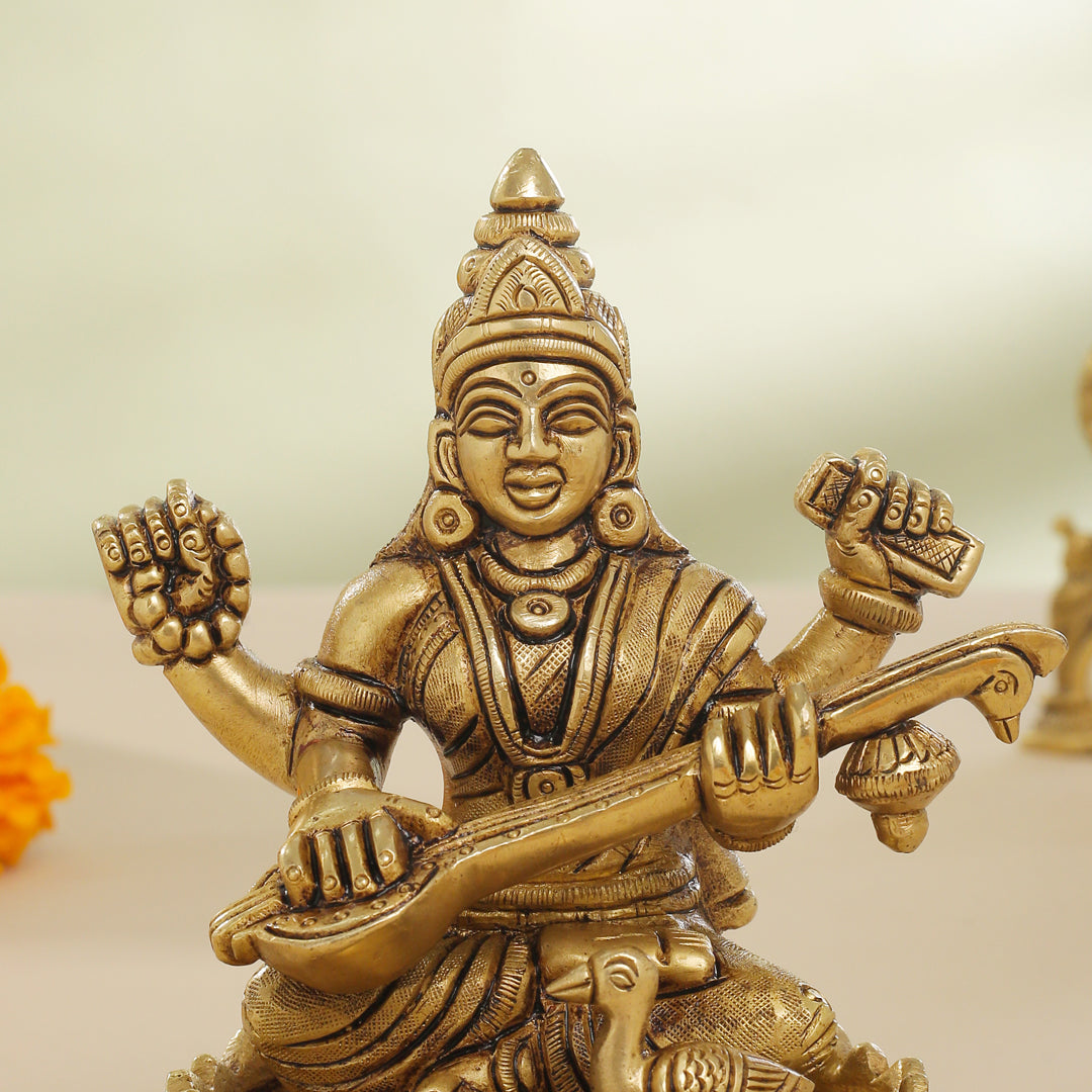 Brass Superfine Lotus Goddess Saraswati Idol (5.5 Inch)