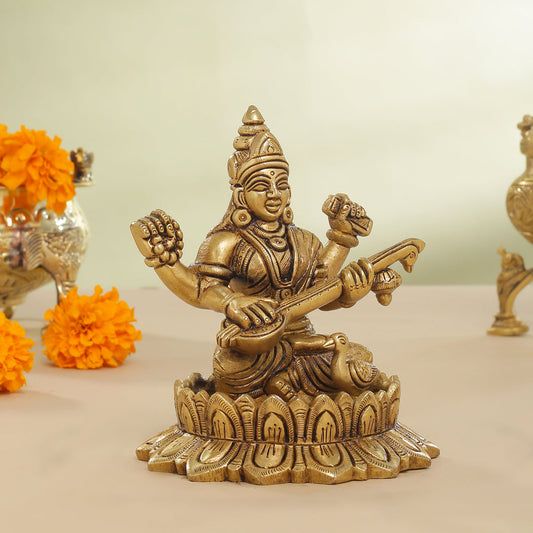 Brass Superfine Lotus Goddess Saraswati Idol (5.5 Inch)