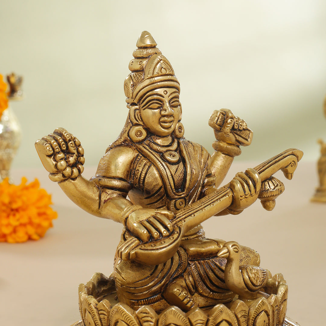 Brass Superfine Lotus Goddess Saraswati Idol (5.5 Inch)