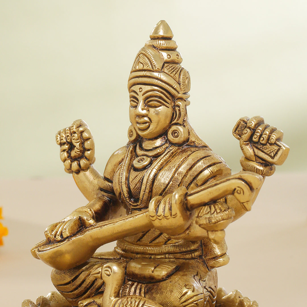 Brass Superfine Lotus Goddess Saraswati Idol (5.5 Inch)
