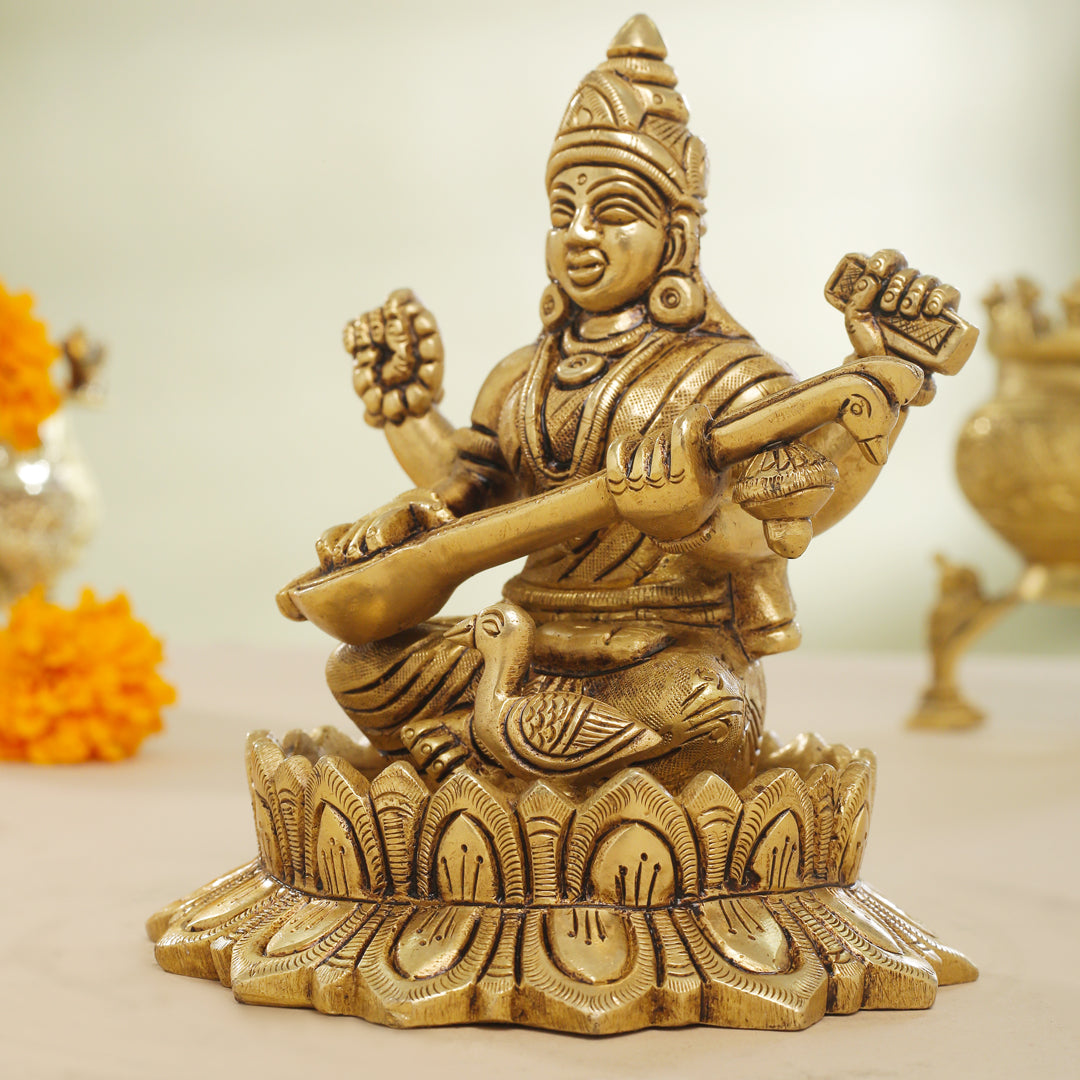 Brass Superfine Lotus Goddess Saraswati Idol (5.5 Inch)