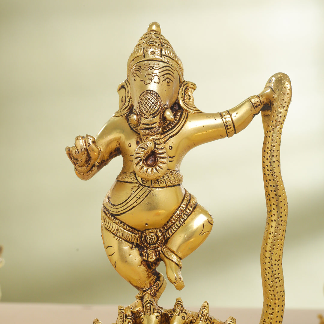 Brass Lord Dancing Ganesha On Snake (12 Inch)