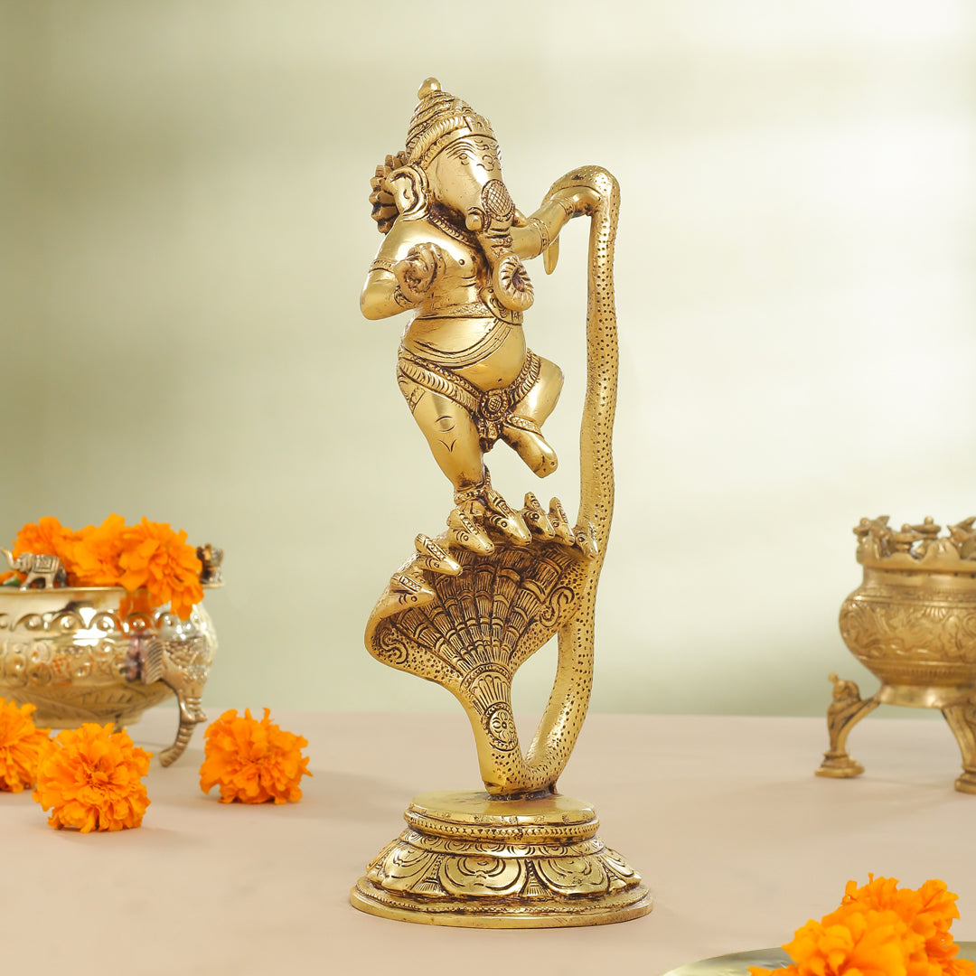 Brass Lord Dancing Ganesha On Snake (12 Inch)